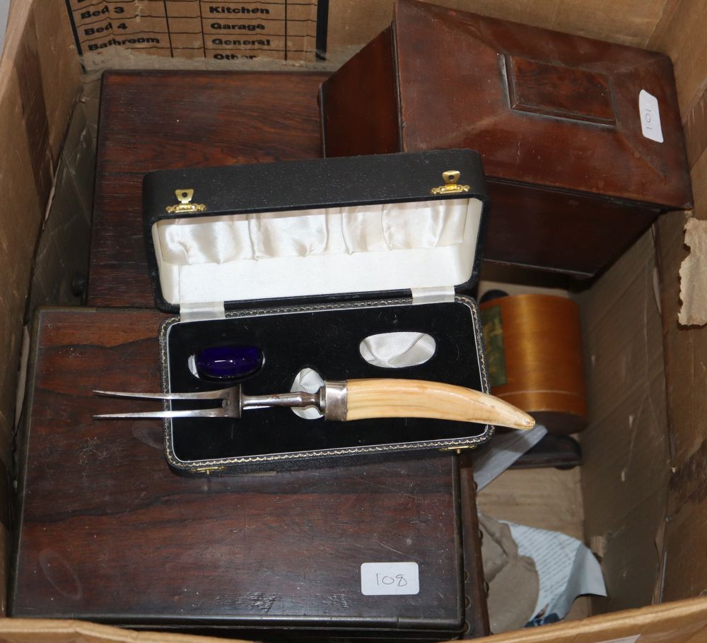 Assorted 19th century boxes to include two rosewood toilet boxes, two tea caddies, cased balance scales etc.